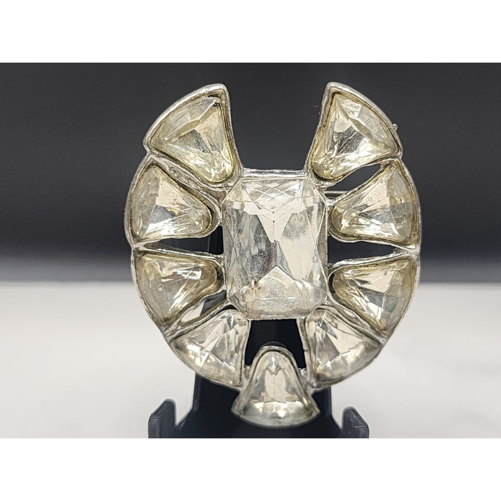 Vintage Silver Tone Pot Metal Brooch Clear Rhinestone Geometric Art Deco